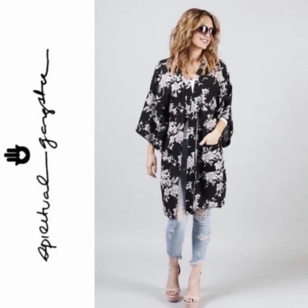 Spiritual Gangster Midnight Wildflowers Front Tie Kimono